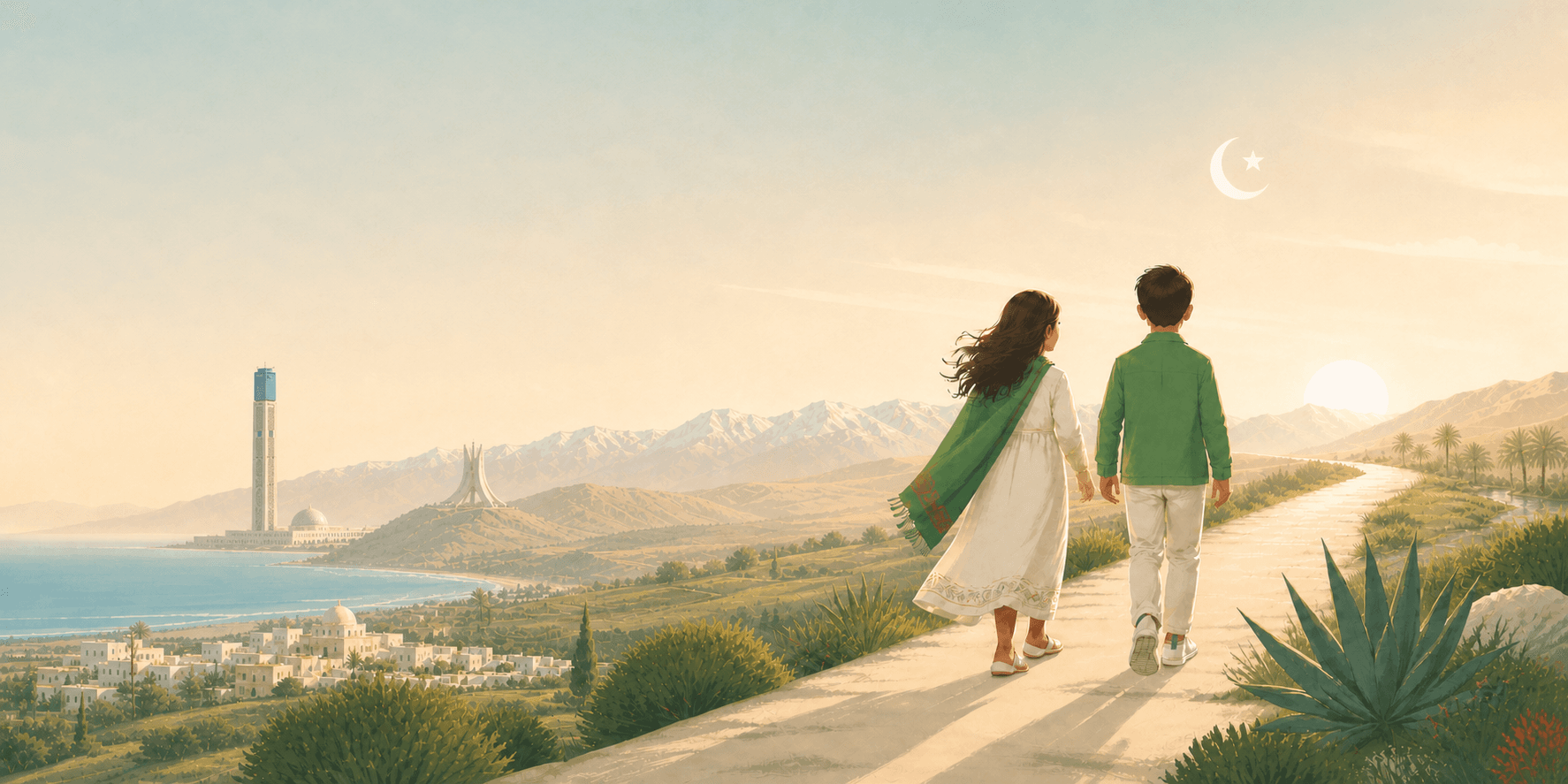 Deux enfants avancent avec confiance vers l’avenir, entourés de paysages algériens.